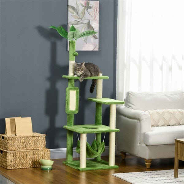 Multi-Level Cat Tree Tower with Sisal Scratching Posts & Hammock – Green & Beige